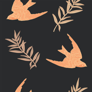 Romantic vintage illustration. Fashion folk seamless pattern with plants branch and flying sparrows. Hand drawn scandinavian style repeat wallpaper. Vintage contemporary art. Ornament design templates
