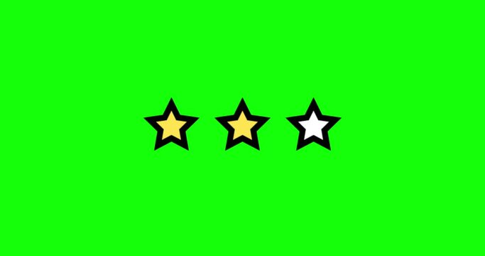 Three Stars Rating animation. Set of Stars. Two Star Rating on green Background. Product Quality, Feedback, Customer review