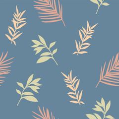 Abstract tropical branch seamless pattern. Botanical plants silhouette modern design for paper, cover, fabric, wallpaper, clothes, print. Hand drawn Pastel coloured vector illustration. Retro art