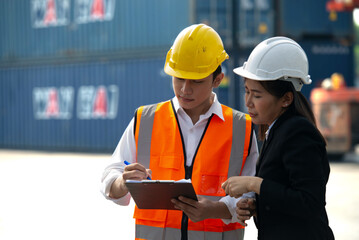Engineers, staff, specialists, work on duty at the shipping port.