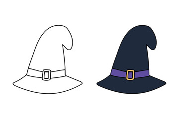 Cute cartoon Wide Brimmed Witch Hat with Conical Crown coloring book for children.