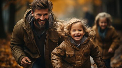 Fototapeta premium Photorealistic concept of a father playing with his children outside in autumn/fall, smiling in sun