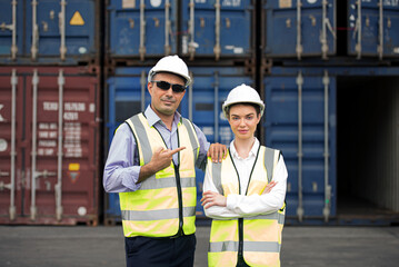 Engineers, staff, specialists, work on duty at the shipping port.