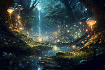 Magical dark fairy tale forest at night with glowing lights and mushrooms. Fantasy wonderland landscape with mushrooms. Amazing nature landscape. Illustration with AI generation.