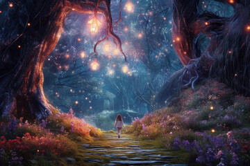 Magical dark fairy tale forest at night with glowing lights and mushrooms. Fantasy wonderland landscape with silhouette of single girl. Amazing nature landscape. Illustration with AI generation. - obrazy, fototapety, plakaty