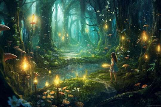 Magical dark fairy tale forest at night with glowing lights and mushrooms. Fantasy wonderland landscape with silhouette of single girl. Amazing nature landscape. Illustration with AI generation.
