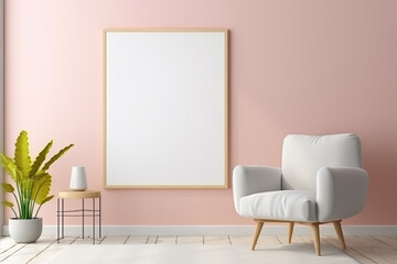 Mockup with an empty frame in a contemporary living room. Generative AI.