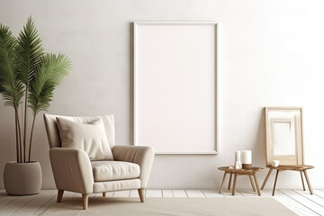 Mockup with an empty frame in a contemporary living room. Generative AI.