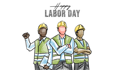 Labor Day banner with Group Multi Ethnic Workers Wearing Safety Helmet Hand Drawn Illustration
