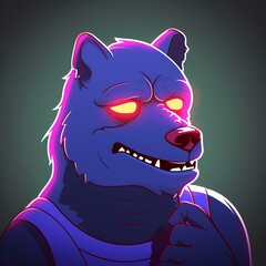 Anthropomorphic Cartoon Bear Character. Yellow Glowing Eyes, Blue Fur, and Pondering Expression.