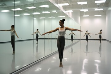 Fototapeta na wymiar Fluid Dance Dynamics: Hyper-Realistic Studio Scene where Dancers Excel under Seasoned Instructor's Guidance 