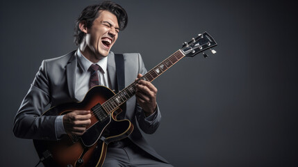 cool guy little smile wearing suit playing the guitar on the grey background