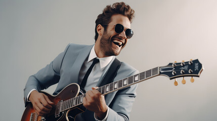 cool guy little smile wearing suit playing the guitar on the grey background - obrazy, fototapety, plakaty