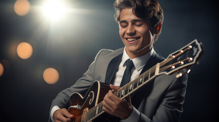 Obraz premium cool guy little smile wearing suit playing the guitar on the grey background