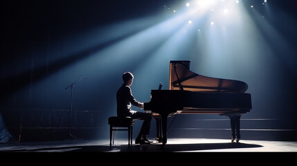 male playing piano on the stage in hall and spot light