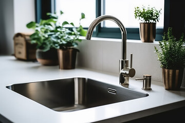 Fototapeta na wymiar Single metallic sink and metal faucet on the vanity inside kitchen of home. Trendy sink in interior design.