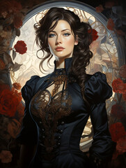 Beautiful young woman in a dark victorian style dress in front of background decorated with flowers