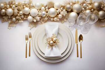 Christmas or new year table setting with golden cutlery Generative AI