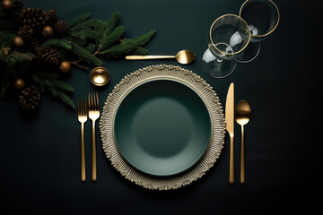 Christmas or new year table setting with golden cutlery Generative AI - obrazy, fototapety, plakaty