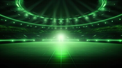 Abstract green neon stadium background illuminated with lamps on ground. Product and sports technology background.