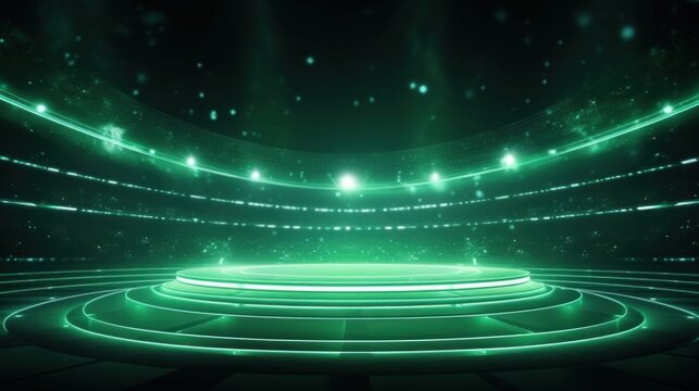 Abstract green neon stadium background illuminated with lamps on ground. Product and sports technology background.