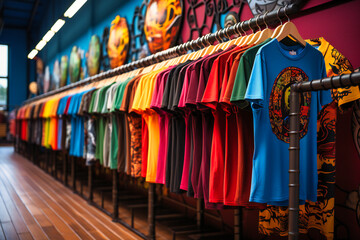 many colorful tshirts hang on a rack in a store