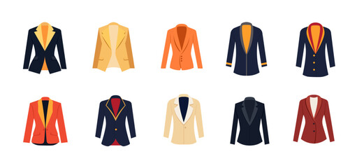 Blazer or suit jacket icon collection, set of formal wear or formal clothes, front view