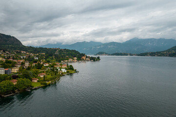 Aerial Drone View of Buildings Along the Shore in Tremezzo in Lake Como Italy