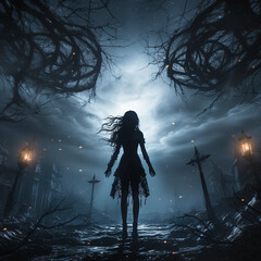 A Spooky Image of a Girl With Her Arms Spread While She Stares at a Night Sky