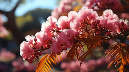 A branch of a blooming pink mimosa tree. Generative AI. 