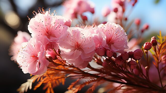 A branch of a blooming pink mimosa tree. Generative AI. 