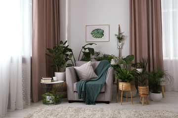 Stylish room with comfortable armchair and beautiful houseplants. Interior design