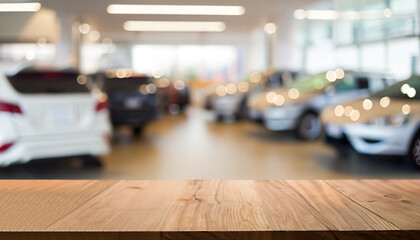 Empty wood table top with cars in showroom blurred defocused background
