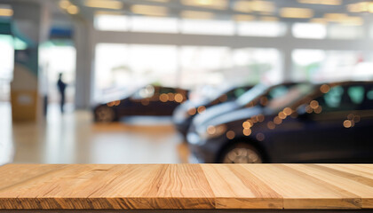 Empty wood table top with cars in showroom blurred defocused background