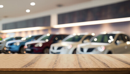 Empty wood table top with cars in showroom blurred defocused background
