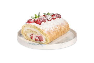 Delicious cake roll with strawberries isolated on white
