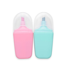 Two colorful markers on white background, top view