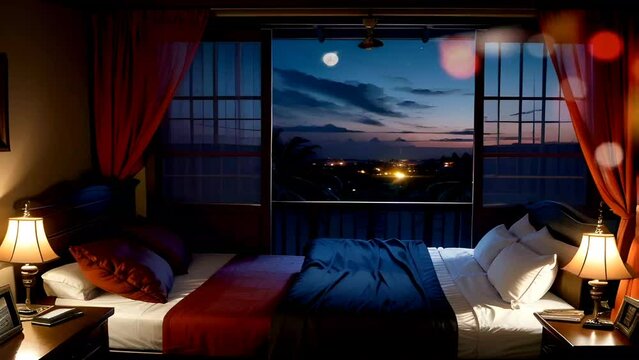 Luxurious bedroom interior with beautiful night view. Fantasy animation cartoon watercolor painting illustration style. Seamless looping virtual video animation.
