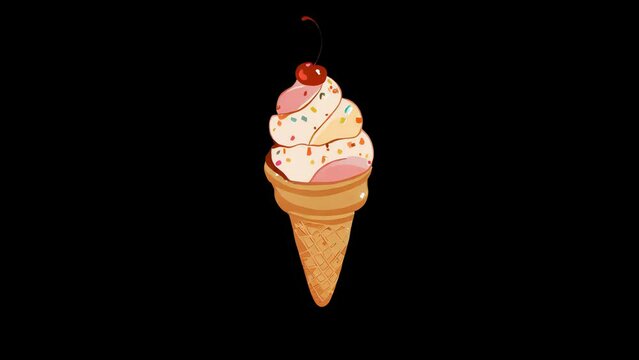 Animation ice cream cone with cherry and sprinkles bounces