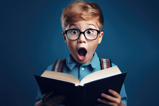 Surprised little boy in glasses with backpack reading book