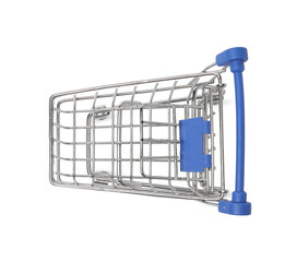 Empty mini metal shopping cart isolated on white, top view