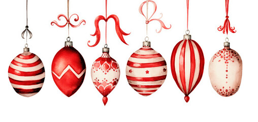 Christmas set of hanging glass balls pink, red  and purple colors, delicate watercolor illustration isolated on white background