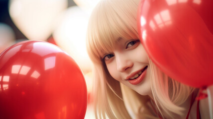 young adult woman with many red balloons, light white skin tone, 20s, outdoors, asian-caucasian multiracial or japanese korean