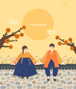 korean holiday, Couple in hanbok illustration