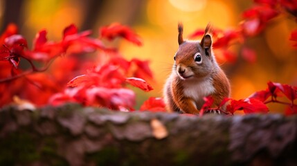 紅葉と動物、秋の木の枝から顔を出すかわいいリスのアップ