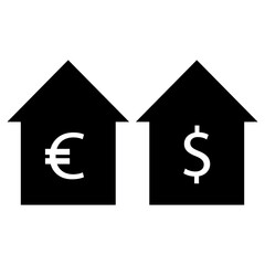 Money house icon set. Houses with dollar and euro signs. Vector illustration. EPS 10.