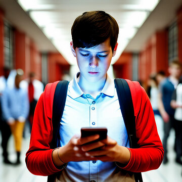 Boy student stops to read his cell phone in busy school hallway social media addiction