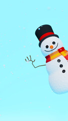 snowman wears hat and scarf while making greeting gesture, christmas theme, 3d illustration