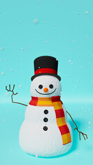 Snowman in hat and scarf on blue stage, fun and christmas theme, 3d rendering