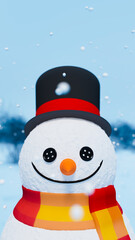 3d illustration of snowman wearing hat and scarf in snowy forest, fun and christmas theme